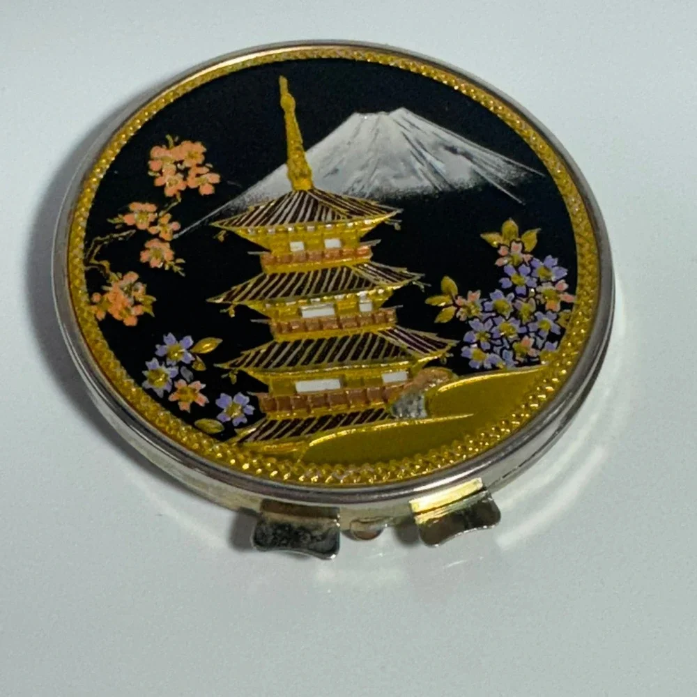 Vintage Japanese Pagoda Mount Fuji Cherry Blossom Round Compact Mirror Used‎